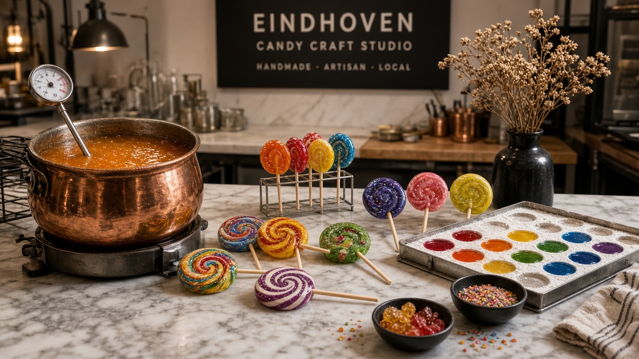 Ambachtelijke lolly productie met kleurrijke handgiet lolly's en suikerketel in Eindhoven atelier