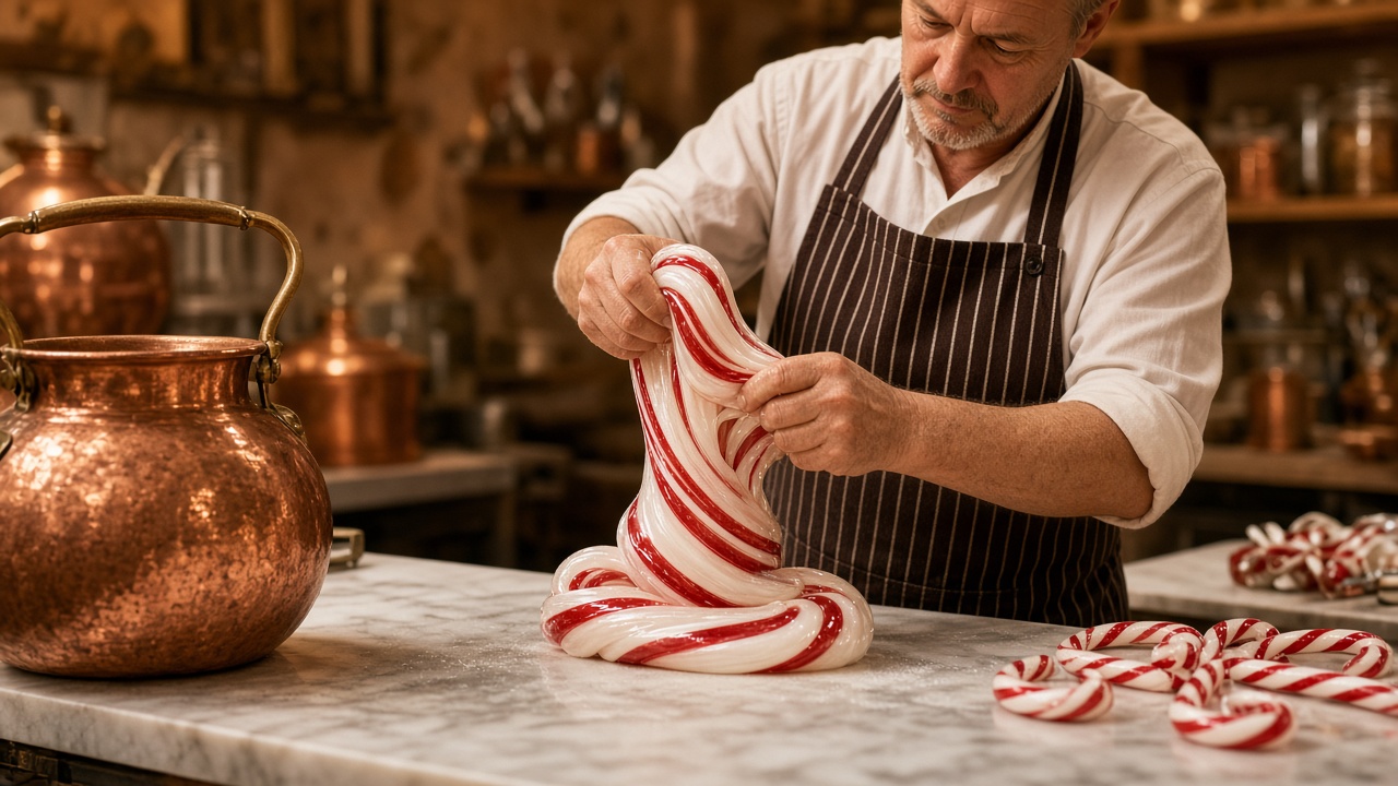 Confectioner trekt gestreepte gezogen suiker voor candy canes in warm atelier Eindhoven