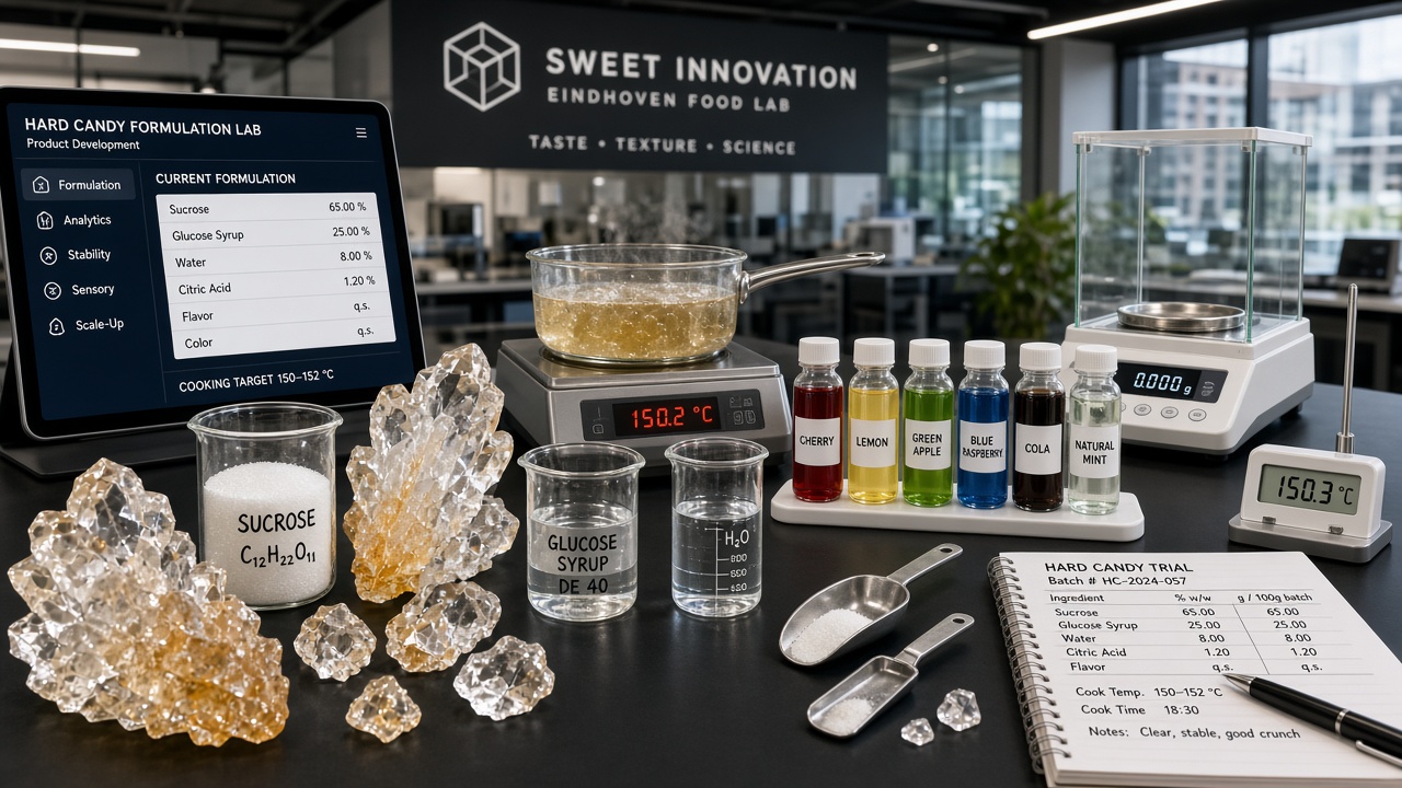 Hard candy kristallen en suikerchemie apparatuur in Eindhoven productontwikkelingslab voor zuurtjes