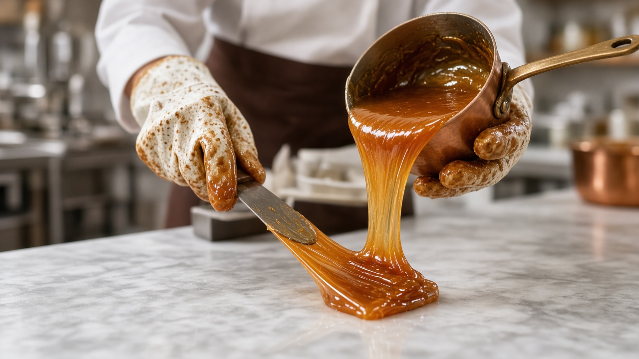 Gouden ambachtelijke karamel wordt uitgestreken op marmeren koelplaat in Eindhoven confectionery lab