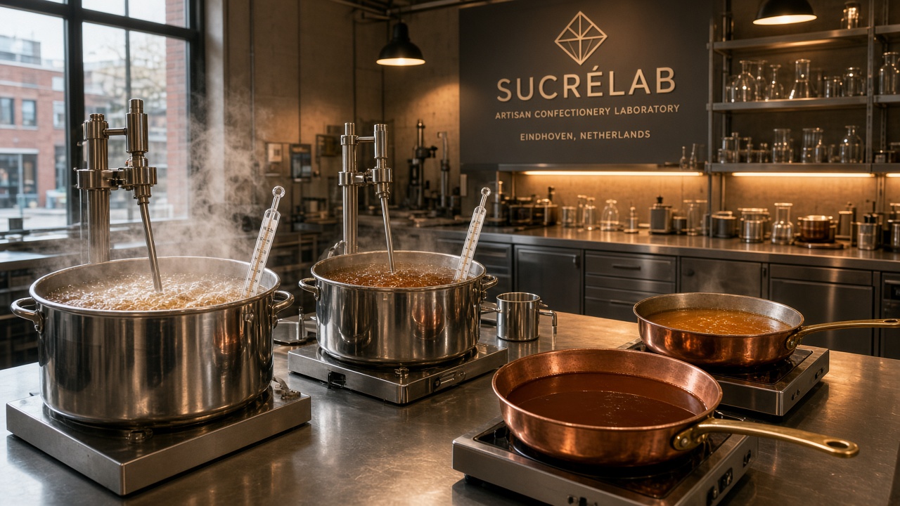 Professioneel snoepformulatielab in Eindhoven met koperen ketels suikerthermometers en proefmonsters op marmeren werkblad