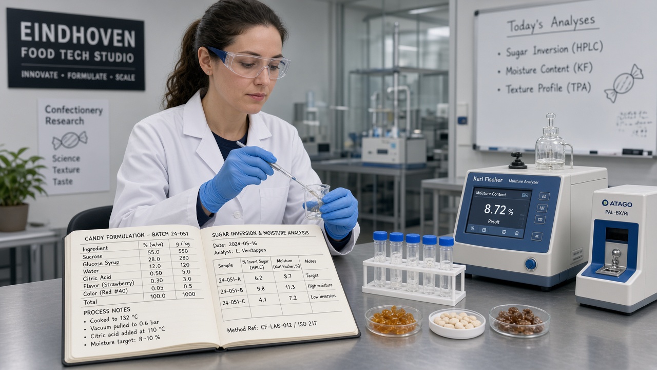 Laboratoriumtest suikerinversie en Brix meting voor hard candy formulering in Eindhoven sweet lab