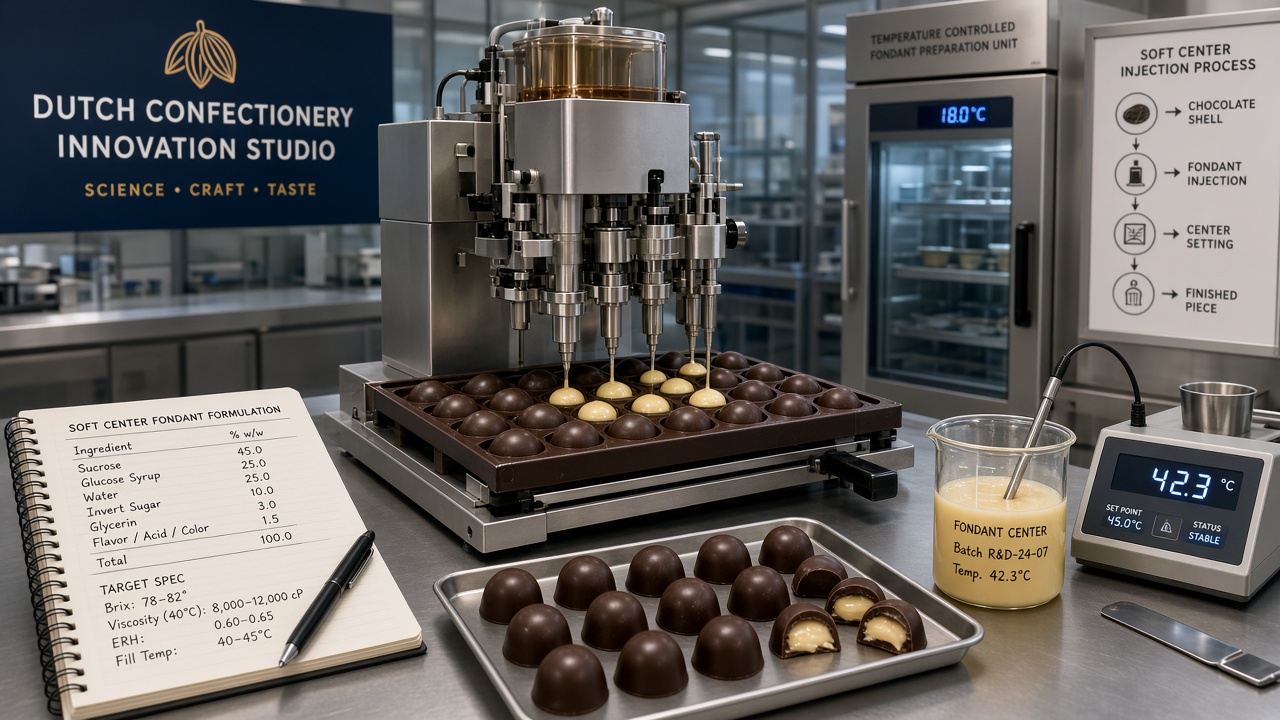 Zachte candy centering met vloeibare fondant kern in chocolade omhulling Eindhoven R&D lab